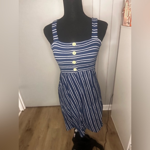 Caution To The Wind Navy Blue Striped Tank Dress Nautical Buttons - Picture 1 of 9